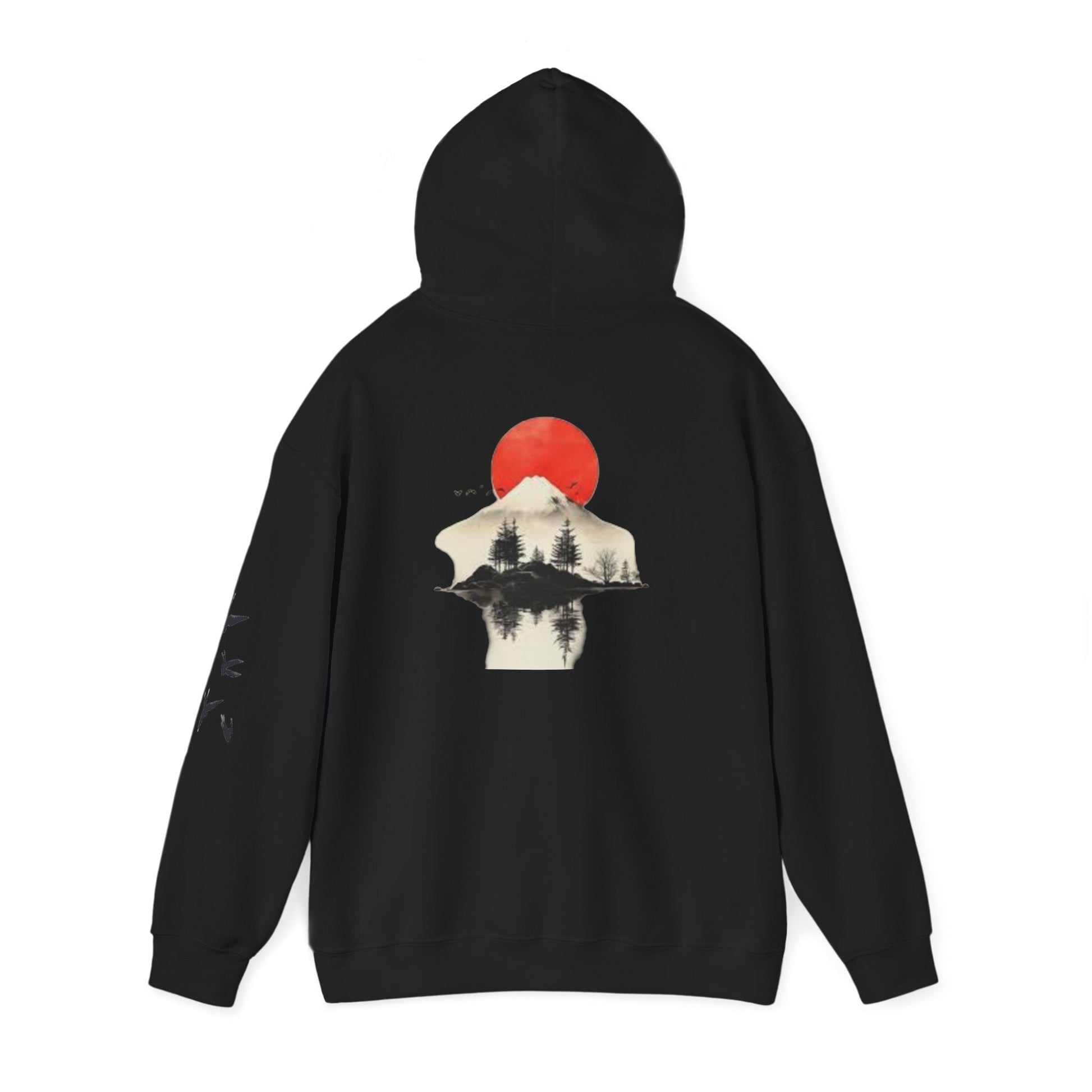 Peak Forest Hoodie — Red Sun Mountain Reflection Hoodie Printify