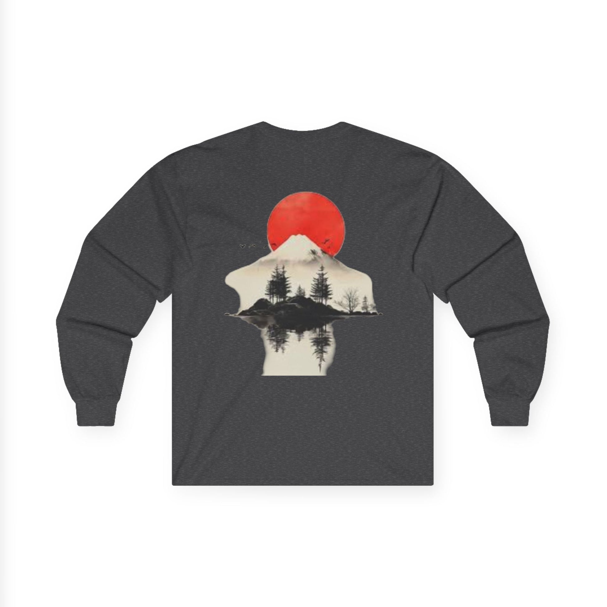 Peak Wilderness Long Sleeve Tee — Mountain Reflection with Red Sun Printify