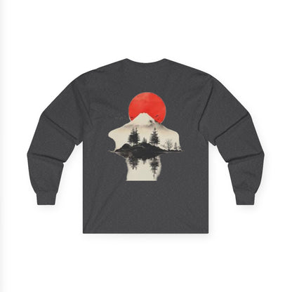 Peak Wilderness Long Sleeve Tee — Mountain Reflection with Red Sun Printify