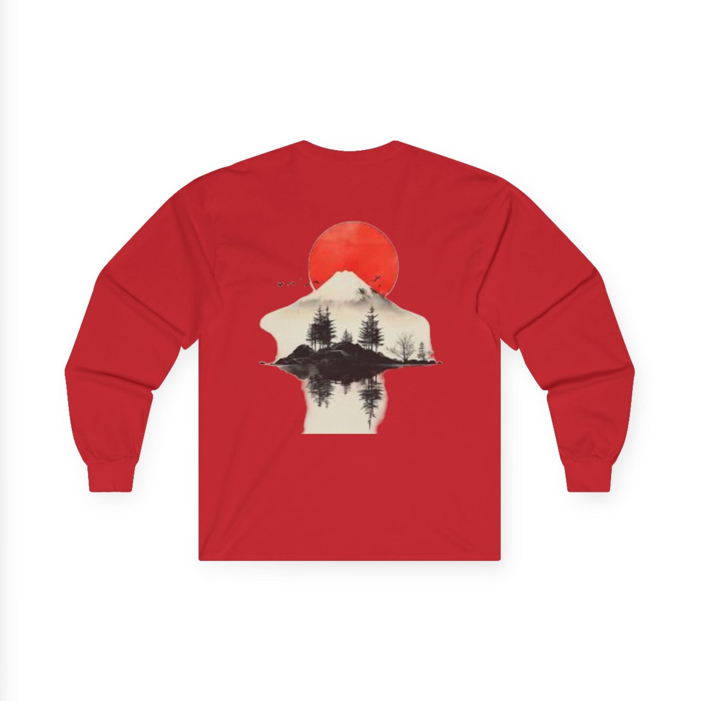 Peak Wilderness Long Sleeve Tee — Mountain Reflection with Red Sun Printify