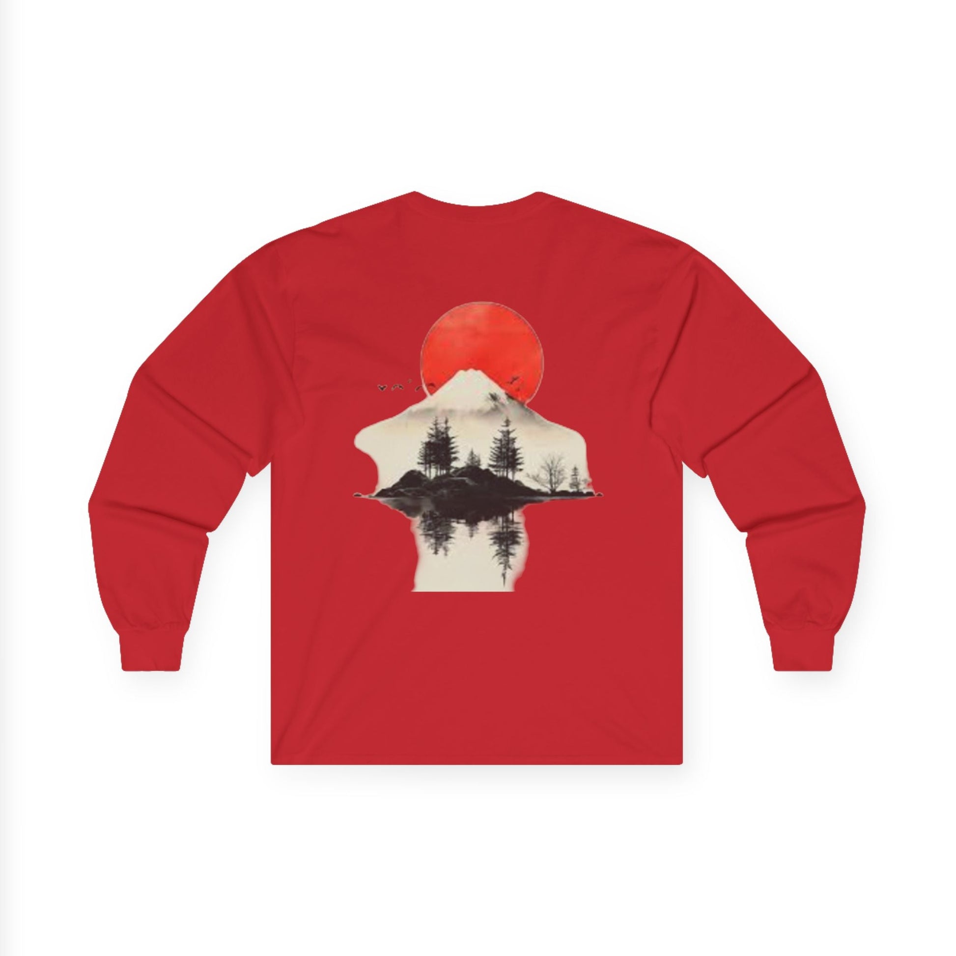 Peak Wilderness Long Sleeve Tee — Mountain Reflection with Red Sun Printify