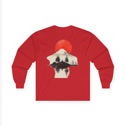 Peak Wilderness Long Sleeve Tee — Mountain Reflection with Red Sun Printify