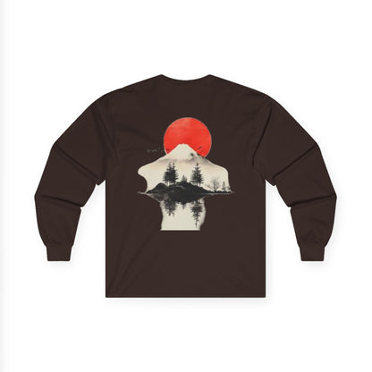 Peak Wilderness Long Sleeve Tee — Mountain Reflection with Red Sun Printify