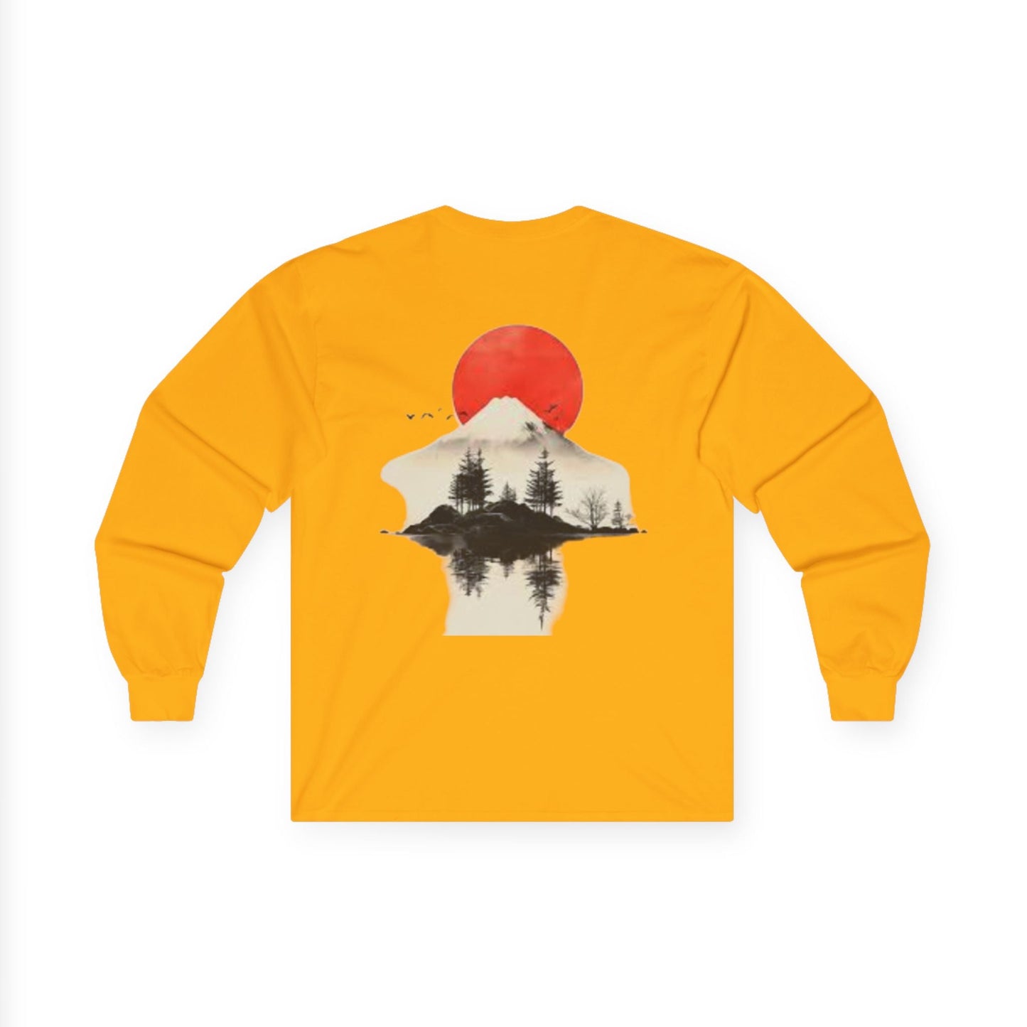 Peak Wilderness Long Sleeve Tee — Mountain Reflection with Red Sun Printify