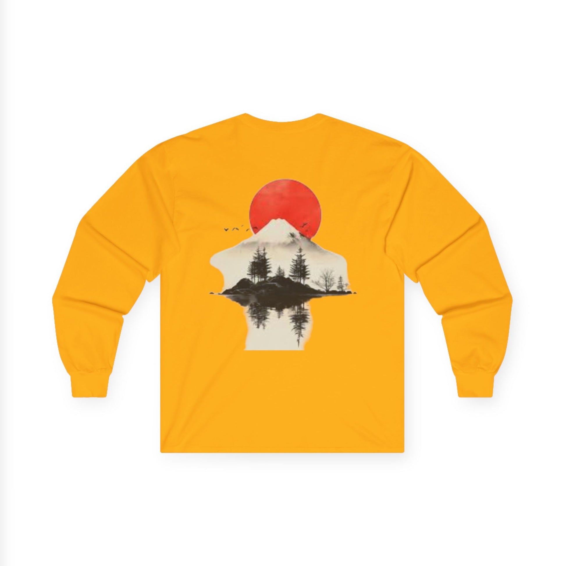Peak Wilderness Long Sleeve Tee — Mountain Reflection with Red Sun Printify