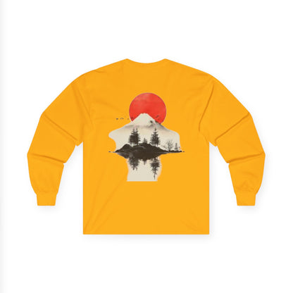 Peak Wilderness Long Sleeve Tee — Mountain Reflection with Red Sun Printify