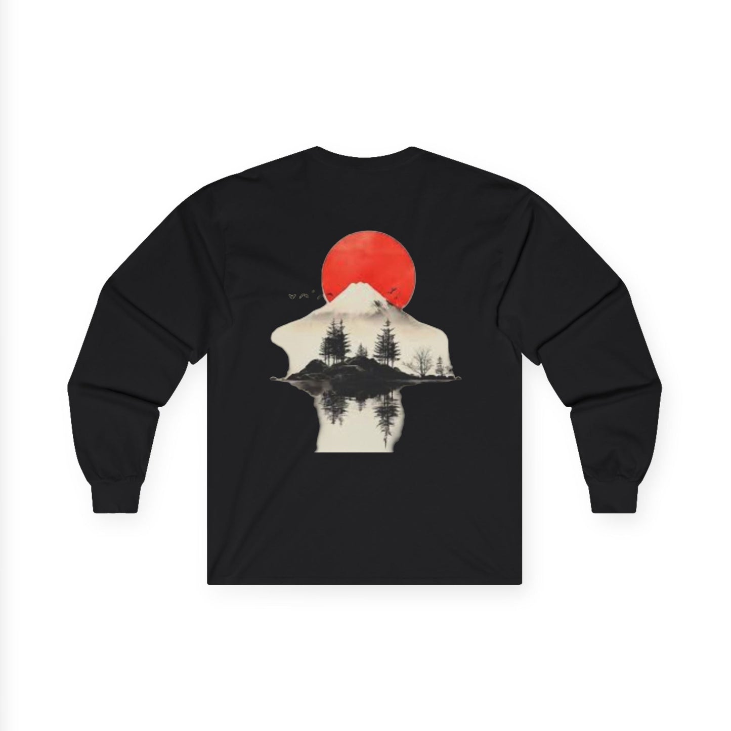 Peak Wilderness Long Sleeve Tee — Mountain Reflection with Red Sun Printify