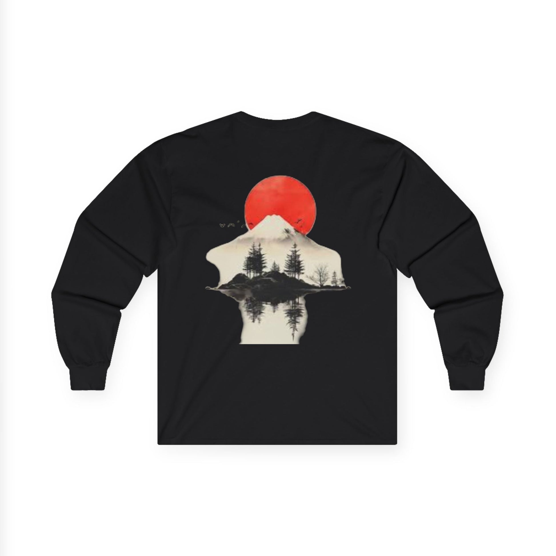 Peak Wilderness Long Sleeve Tee — Mountain Reflection with Red Sun Printify