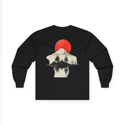 Peak Wilderness Long Sleeve Tee — Mountain Reflection with Red Sun Printify