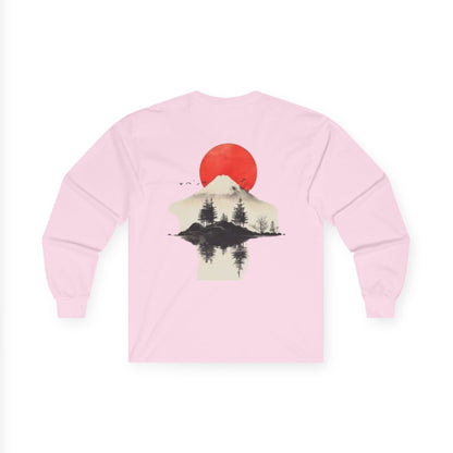 Peak Wilderness Long Sleeve Tee — Mountain Reflection with Red Sun Printify
