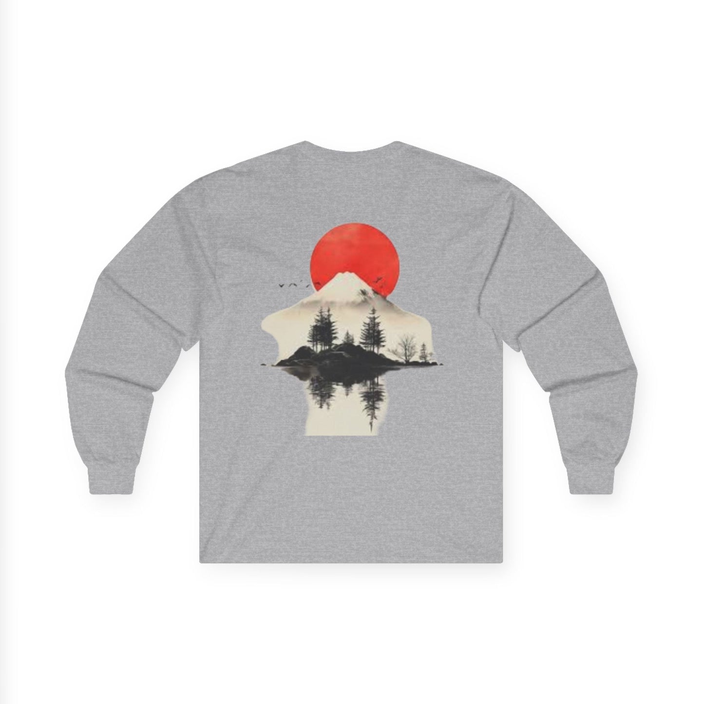 Peak Wilderness Long Sleeve Tee — Mountain Reflection with Red Sun Printify
