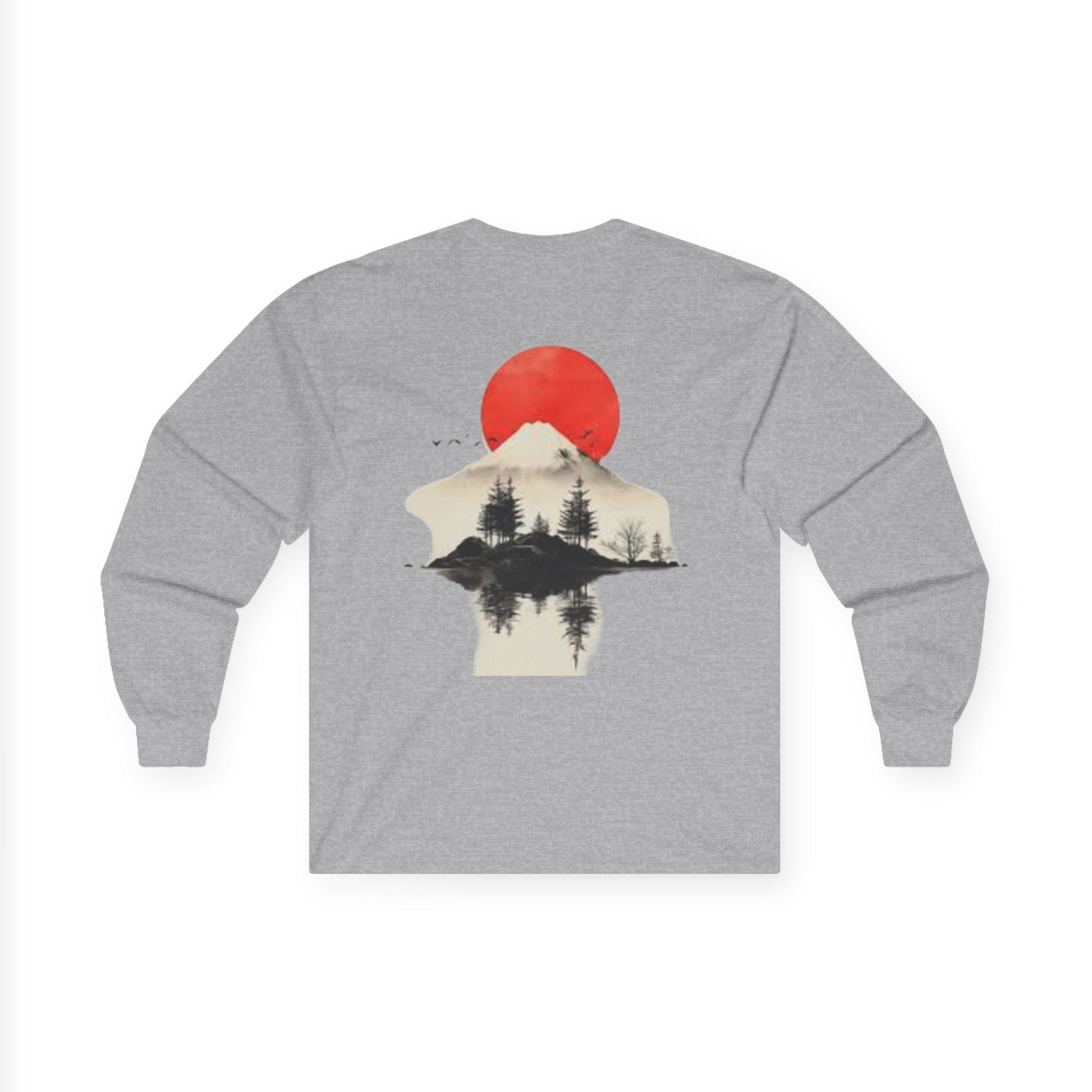 Peak Wilderness Long Sleeve Tee — Mountain Reflection with Red Sun Printify