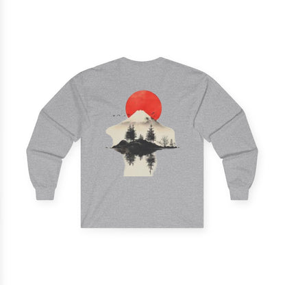 Peak Wilderness Long Sleeve Tee — Mountain Reflection with Red Sun Printify
