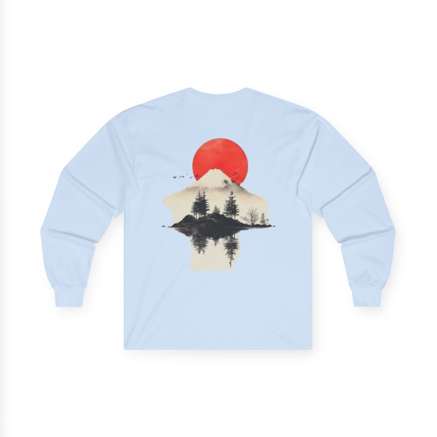 Peak Wilderness Long Sleeve Tee — Mountain Reflection with Red Sun Printify