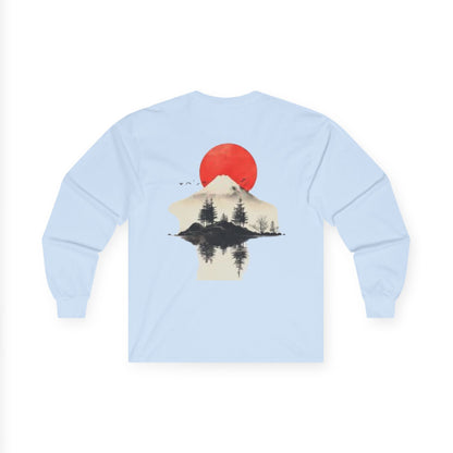 Peak Wilderness Long Sleeve Tee — Mountain Reflection with Red Sun Printify