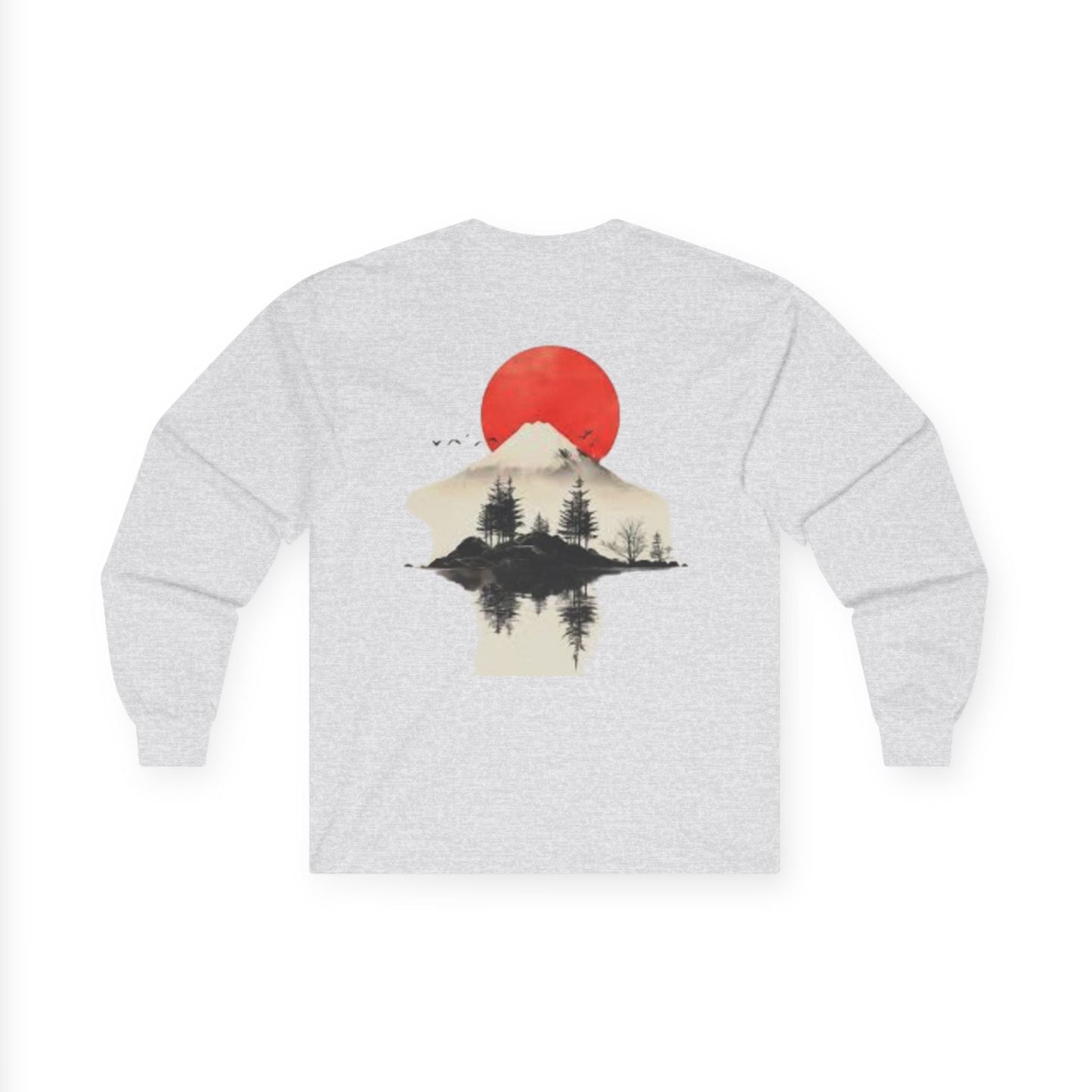 Peak Wilderness Long Sleeve Tee — Mountain Reflection with Red Sun Printify