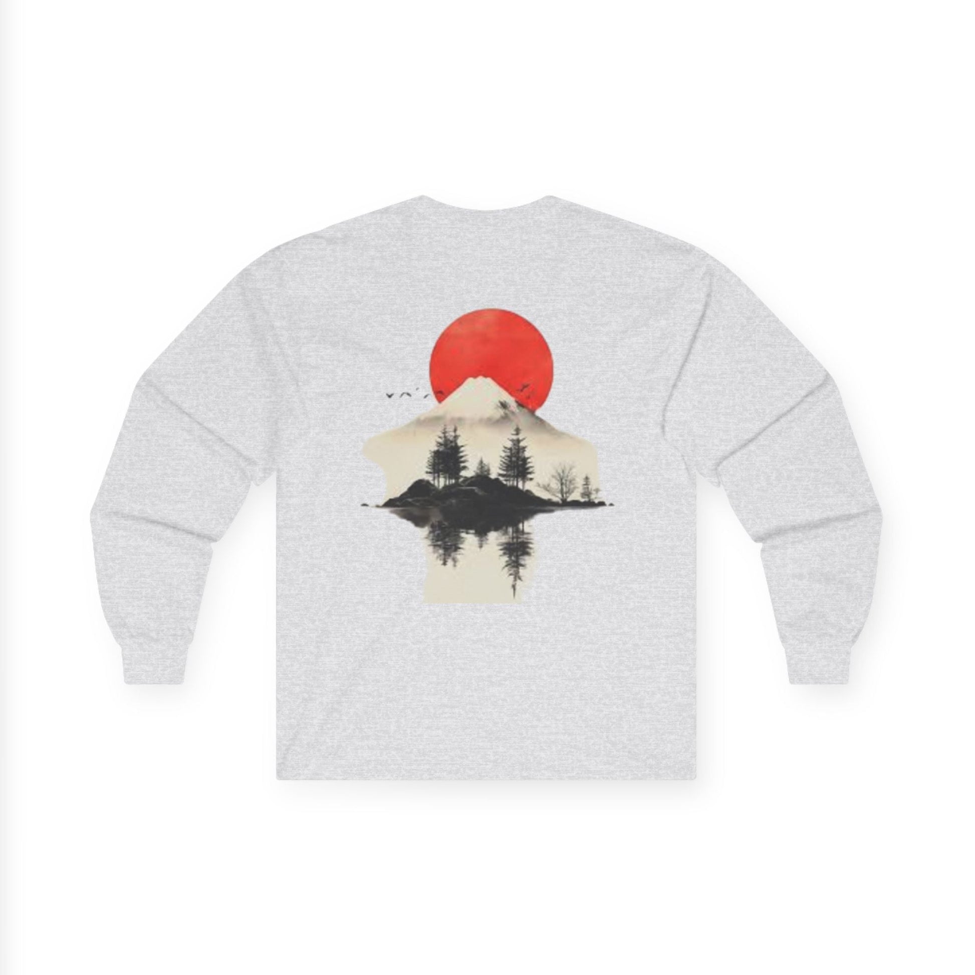 Peak Wilderness Long Sleeve Tee — Mountain Reflection with Red Sun Printify