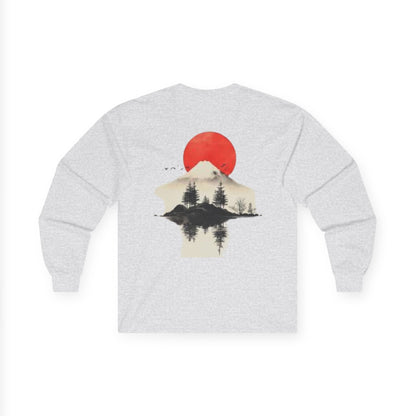 Peak Wilderness Long Sleeve Tee — Mountain Reflection with Red Sun Printify