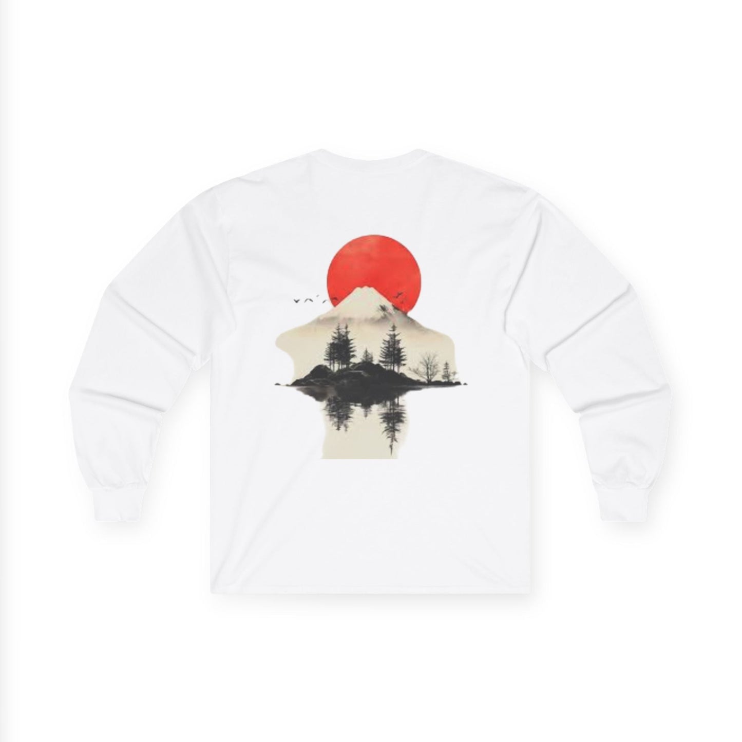 Peak Wilderness Long Sleeve Tee — Mountain Reflection with Red Sun Printify