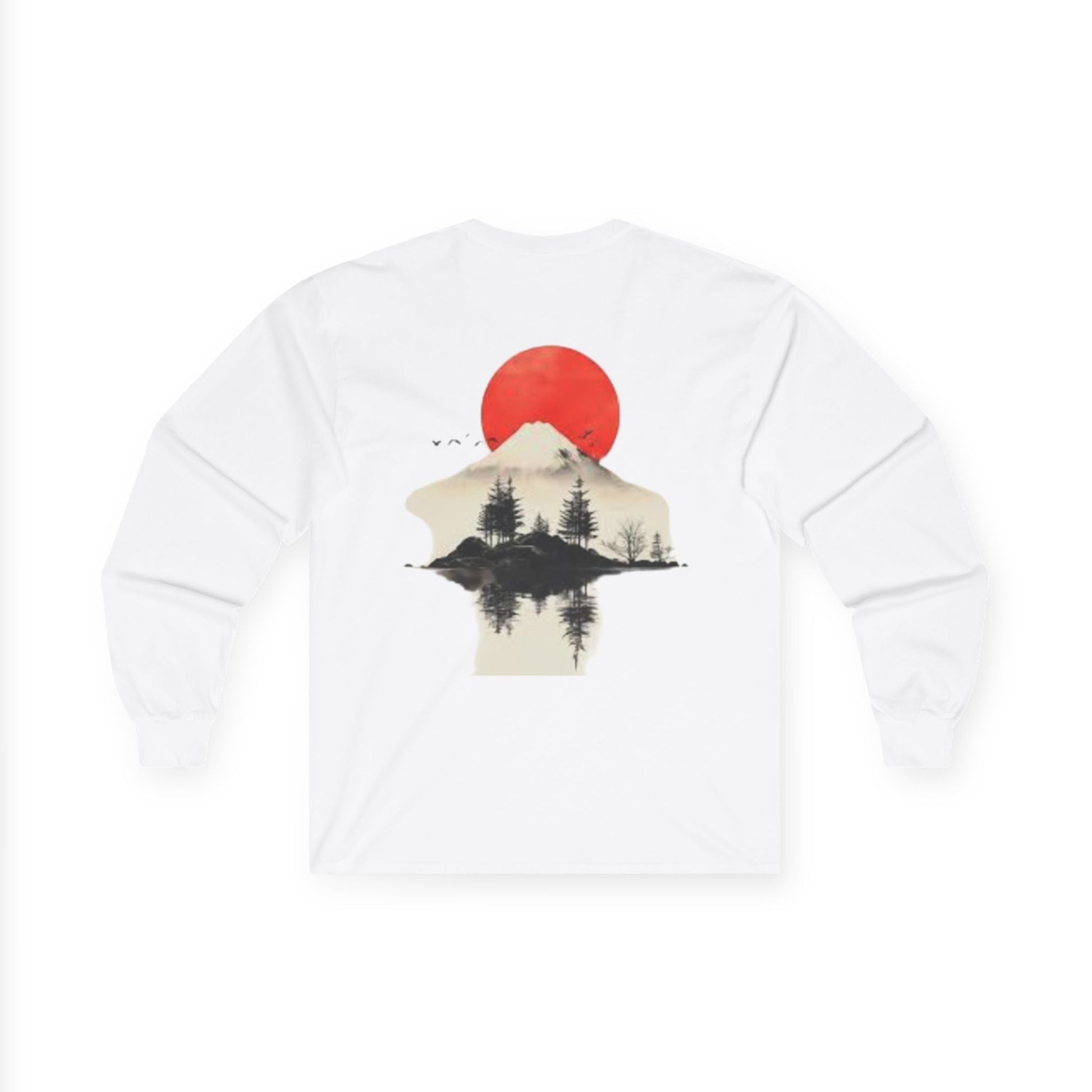Peak Wilderness Long Sleeve Tee — Mountain Reflection with Red Sun Printify