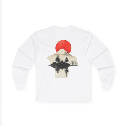 Peak Wilderness Long Sleeve Tee — Mountain Reflection with Red Sun Printify