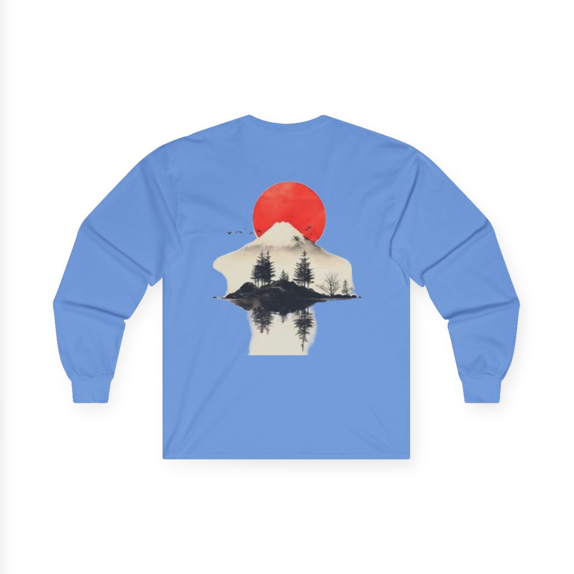 Peak Wilderness Long Sleeve Tee — Mountain Reflection with Red Sun Printify