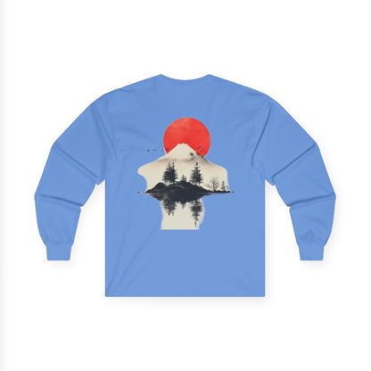 Peak Wilderness Long Sleeve Tee — Mountain Reflection with Red Sun Printify
