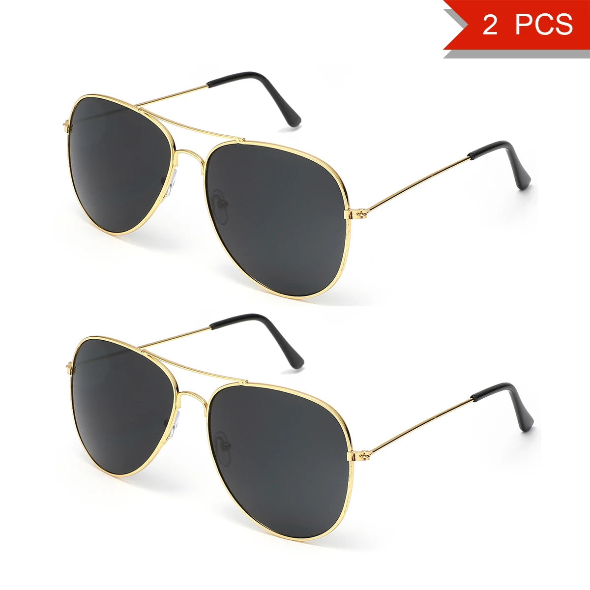2 PCS Classic Aviator Sunglasses Gold Metal Frame UV100